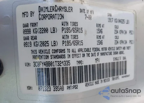 2001 Chrysler Pt Cruiser из США, поврежденный, VIN 3C8FY4BB01T324335